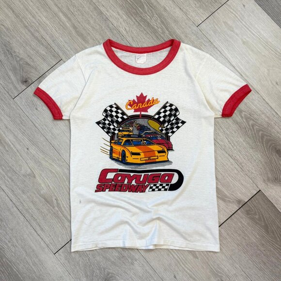 Rare Vintage 80's Cayuga Speedway Canada Hanley Ringer T-Shirt - Size Small - Picture 1 of 12